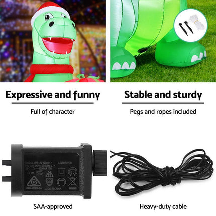 Jingle Jollys Christmas Inflatable Dinosaur 1.8M Height LED Decorations Illuminated.