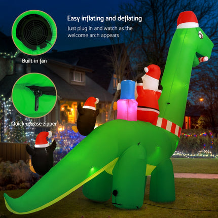 Jingle Jollys Christmas Inflatable Santa Dinosaur 3.8M Illuminated Decorations.