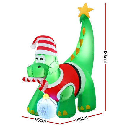 Jingle Jollys Christmas Inflatable Dinosaur 1.86M Height LED Decorations Illuminated.