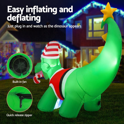 Jingle Jollys Christmas Inflatable Dinosaur 1.86M Height LED Decorations Illuminated.
