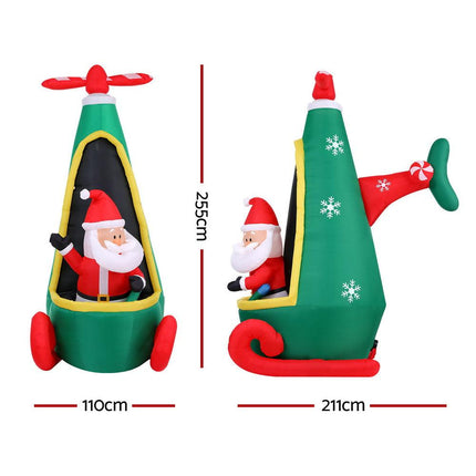 Jingle Jollys Christmas Inflatable Santa in Helicopter 2.55M Height LED Illuminated Decorations.