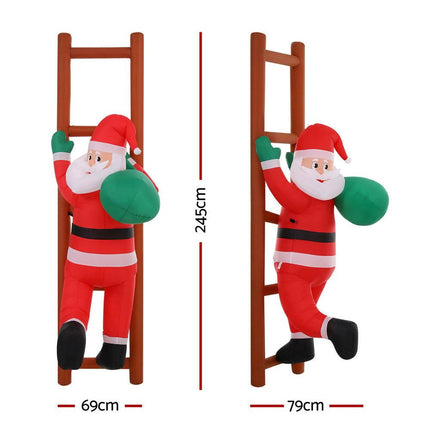Jingle Jollys Christmas Inflatable Santa Climbing Ladder 2.45M Height LED Decorations Illuminated.