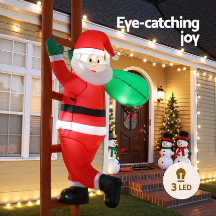 Jingle Jollys Christmas Inflatable Santa Climbing Ladder 2.45M Height LED Decorations Illuminated.