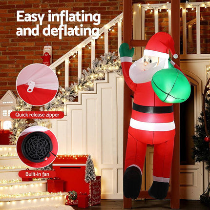 Jingle Jollys Christmas Inflatable Santa Climbing Ladder 2.45M Height LED Decorations Illuminated.