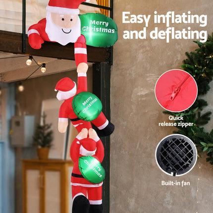 Jingle Jollys Christmas Inflatable Climbing Santa 2.5M Height LED Decorations Illuminated.