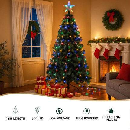 Jingle Jollys 2.5M Christmas Lights Waterfall String Light 300 LED Star Topper.
