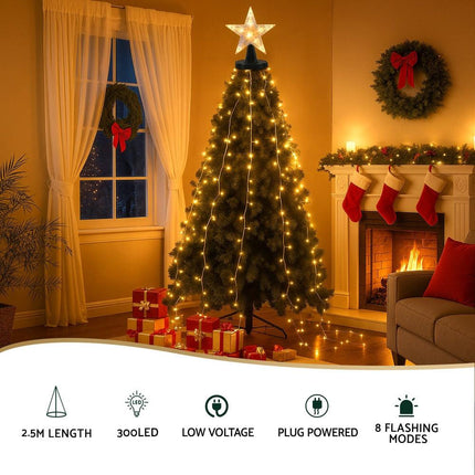 Jingle Jollys 2.5M Christmas Lights Waterfall String Light 300 LED Star Topper.