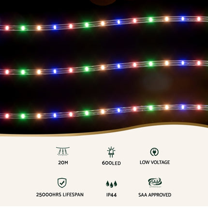 20M Christmas Lights String Rope Light Decorations 600 LED Colorful Jingle Jollys.