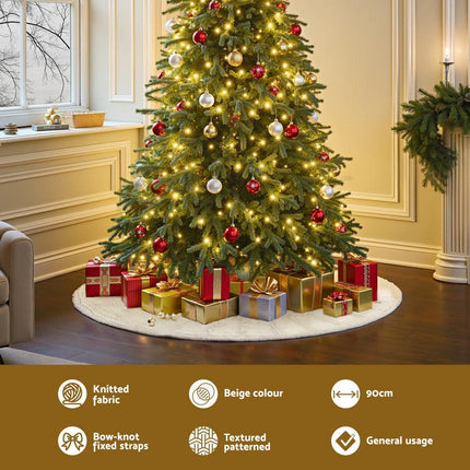 Jingle Jollys Christmas Tree Skirt 90cm Knitted Fabric Xmas Ornament Decor Beige.