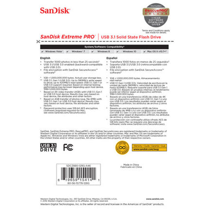 SanDisk 256GB Extreme PRO USB 3.2 Solid State Flash Drive (SDCZ880-256G).