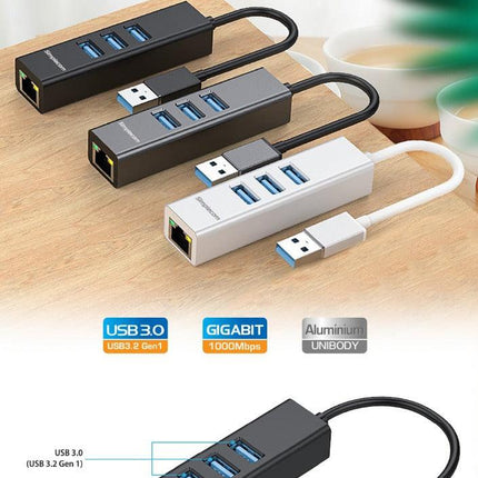 Simplecom CHN420 Aluminium 3 Port SuperSpeed USB HUB with Gigabit Ethernet Adapter Black.