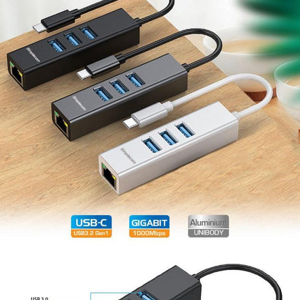 Simplecom CHN421 Aluminium USB-C to 3 Port USB HUB with Gigabit Ethernet Adapter Black.