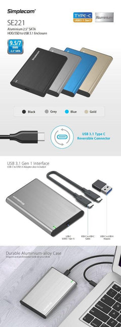 Simplecom SE221 Aluminium 2.5'' SATA HDD/SSD to USB 3.1 Enclosure Blue.